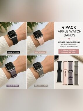 4-Pack Apple Watch Bands – Silicone, Nylon & Milanese Mesh